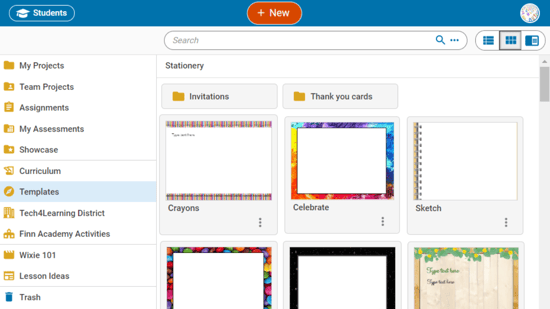 Wixie's template library showing stationery options.