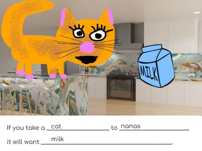 Wixie student sample of a cat on the counter and wanting milk at Nana's house.